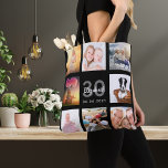 30th birthday custom photo collage woman black tote bag<br><div class="desc">A unique gift for a woman's 30th birthday, celebrating her life with a collage of 8 of your own photos, pictures. Personalize and add her name, age 30 and a date. A chic black background. Grey and white letters and numbers. The name is written with a modern hand lettered style...</div>