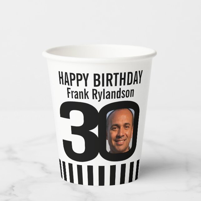 30th birthday custom two photo black white paper cups (Front)