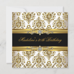30th Birthday Damask Gold Floral Black cream jewel Invitation