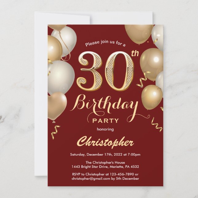 30th Birthday Dark Red and Gold Balloons Confetti Invitation (Front)