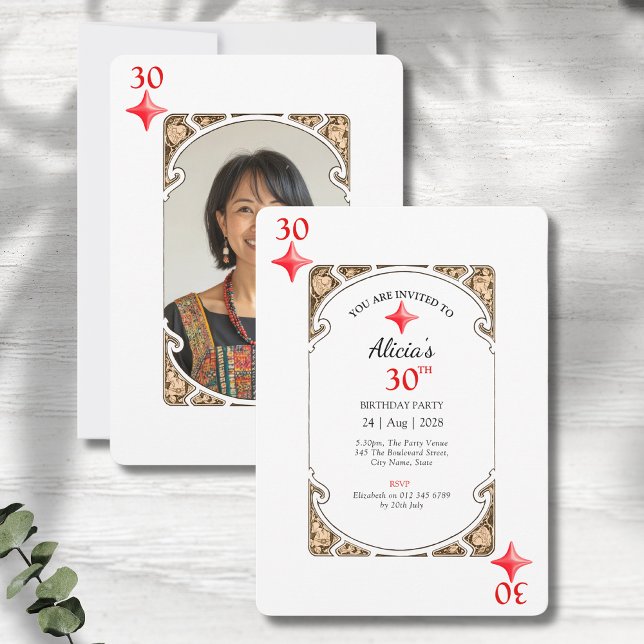30th Birthday Diamond Playing Card Invitation (30th birthday party invitations in an art deco playing card style on a grey wood background.)