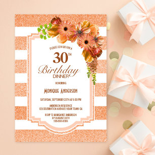 30th Birthday Dinner Apricot Striped Floral Party Invitation