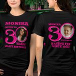 30th Birthday doubled sided photo name pink text Tri-Blend Shirt<br><div class="desc">Happy 30th Birthday pink text, name and two photos t-shirt. Fun double sided 50th personalized photo t-shirt in bold hot pink text design. Personalize this birthday shirt with a photograph of the birthday girl in the middle of the number 0 on both the front and the back. Great idea for...</div>