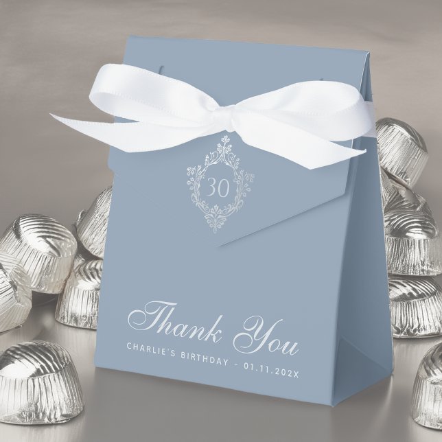 30th Birthday Dusty Blue Elegant Crest Thank You Favor Box (Creator Uploaded)