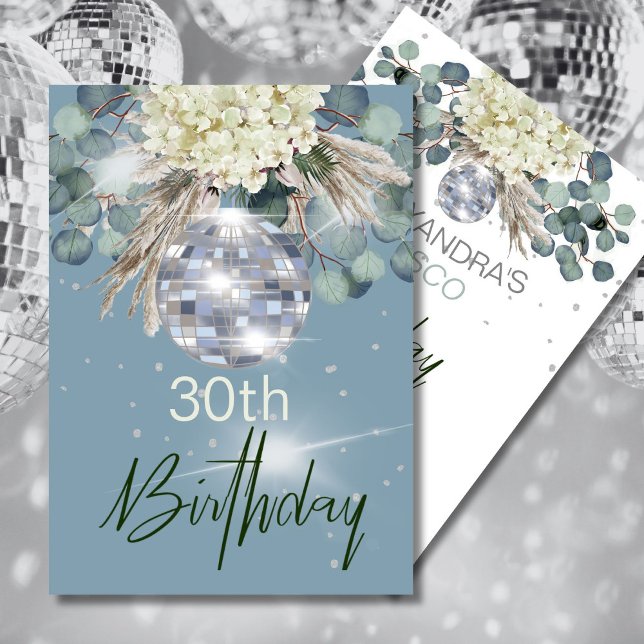 30th Birthday Dusty Blue Floral Disco Ball  Invitation (Creator Uploaded)