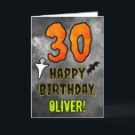 30th Birthday: Eerie Halloween Theme   Custom Name Card<br><div class="desc">The front of this scary and spooky Halloween themed birthday greeting card design features a large number “30”. It also features the message “HAPPY BIRTHDAY, ”, and an editable name. There are also depictions of a ghost and a bat on the front. The inside features an editable birthday greeting message,...</div>