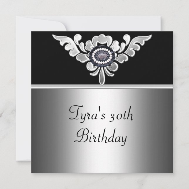 30th Birthday Elegant Black Silver White Jewel Invitation (Front)