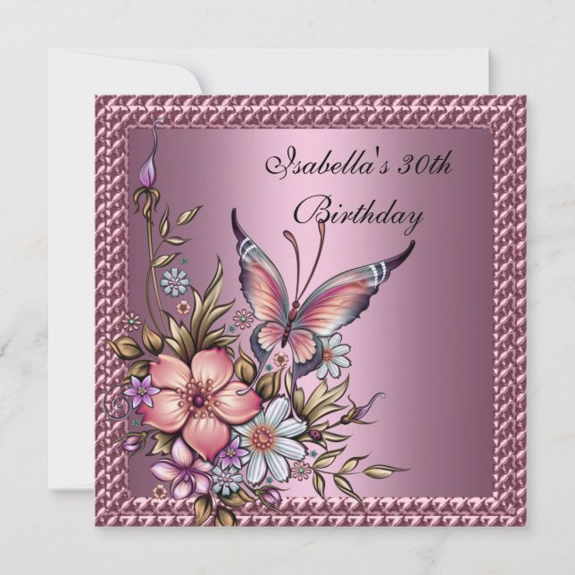 30th Birthday Elegant Floral Butterfly Pink Invitation (Front)