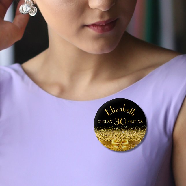 30th birthday elegant gold bow with ribbon black 2 inch round button (Creator Uploaded)