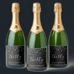 30th Birthday Elegant Modern Black Silver Confetti Sparkling Wine Label<br><div class="desc">Help her celebrate her 30th birthday in style with this simple but elegant design, featuring faux silver triangular confetti sifting down on the word "thirty" in light grey handwriting font on a black background. Personalize it with the name of the honoree in light grey sans serif font, along with the...</div>