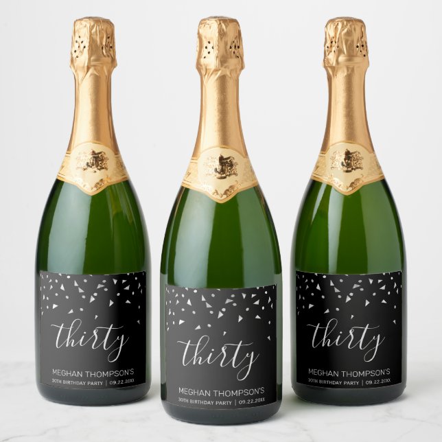 30th Birthday Elegant Modern Black Silver Confetti Sparkling Wine Label (Bottles)