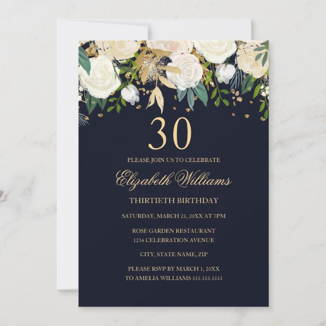 30th Birthday Elegant Navy Gold Floral Invitation (Front)