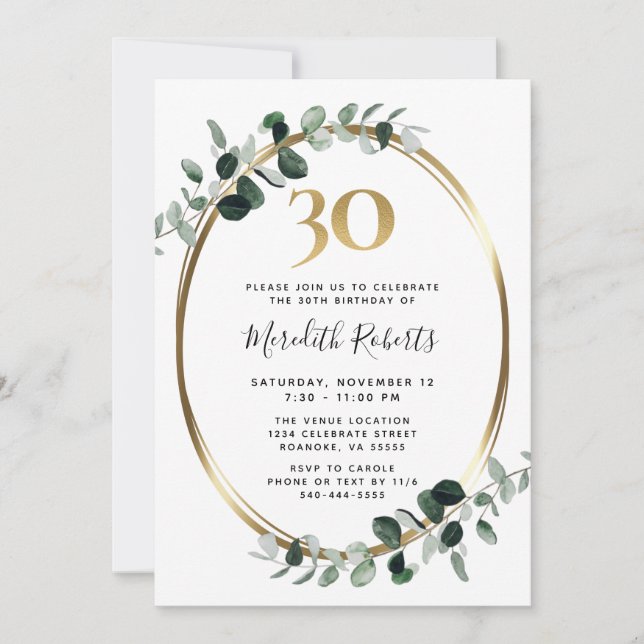 30th Birthday Eucalyptus Gold Metallic Party Invitation (Front)