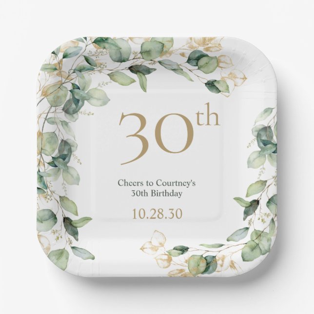 30th Birthday Eucalyptus Paper Plate (Front)