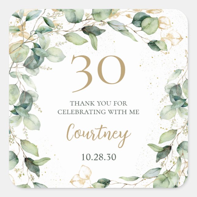 30th Birthday Eucalyptus Thank You Square Sticker (Front)
