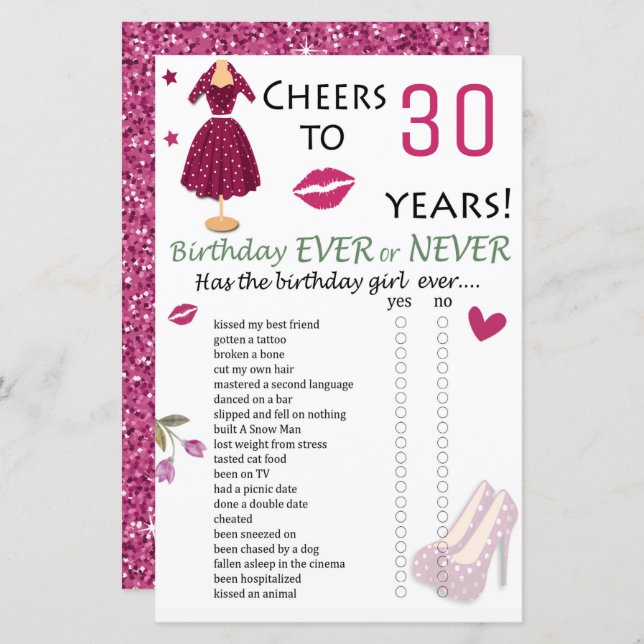 30th Birthday Ever or Never Game (Front/Back)