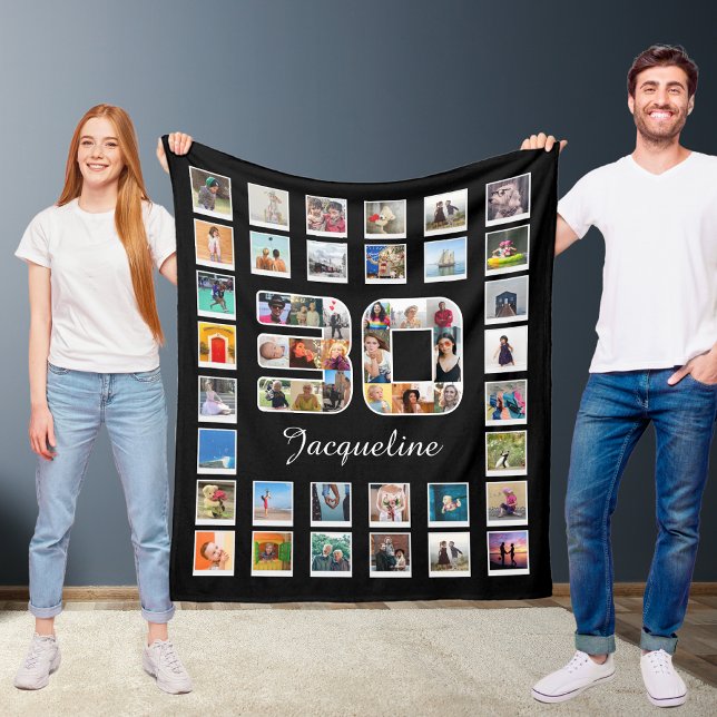 30th Birthday Family Photo Memories Collage Fleece Blanket (30th birthday photo collage template fleece blanket held up by two people.)