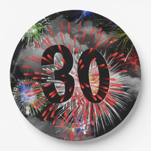 30th Birthday Fireworks In Clouds Paper Plate