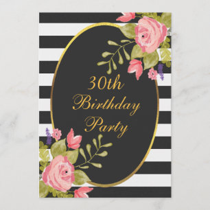 30th Birthday Floral Black White Stripes Gold Foil Invitation
