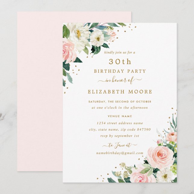 30th Birthday Floral Blush Gold Invitation (Front/Back)