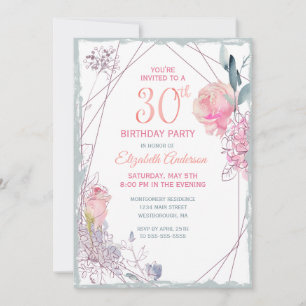30th Birthday Floral Blush Rose Watercolor Party Invitation
