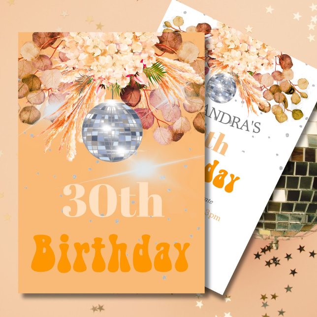 30Th Birthday Floral Orange Disco  Invitation (Creator Uploaded)