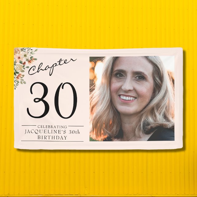 30th Birthday Floral Pink Photo Banner (Create your own chic pink floral 30th birthday banner. Add your text and favorite photo.)