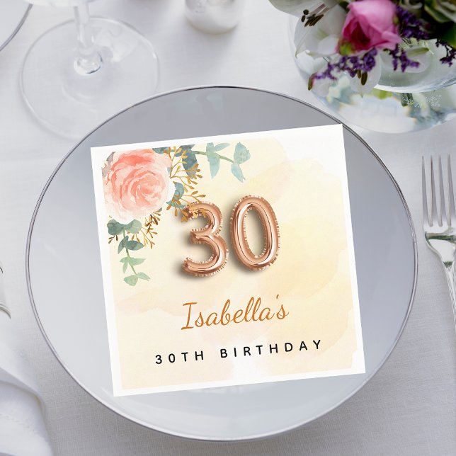 30th birthday floral rose gold eucalyptus monogram napkin (Creator Uploaded)