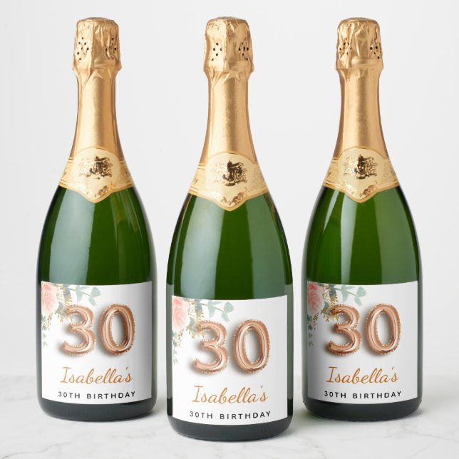 30th birthday floral rose gold eucalyptus monogram sparkling wine label (Bottles)