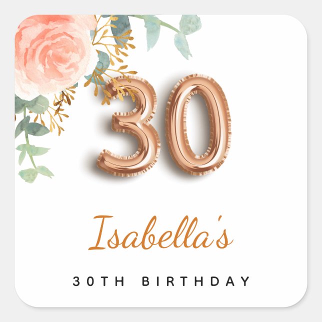 30th birthday floral rose gold eucalyptus monogram square sticker (Front)