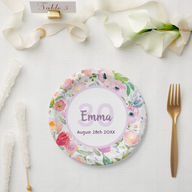 30th birthday florals pink white name paper plate (Wedding)