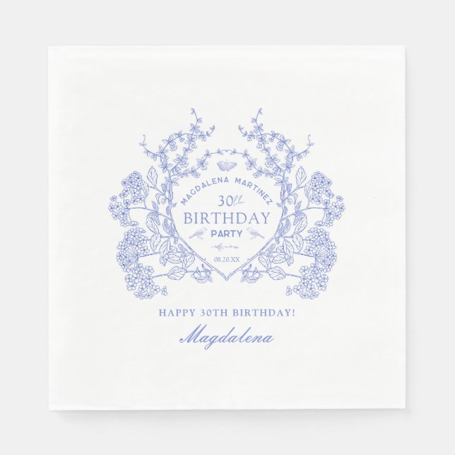 30th Birthday French Blue Floral Crest Custom Napkin (Front)