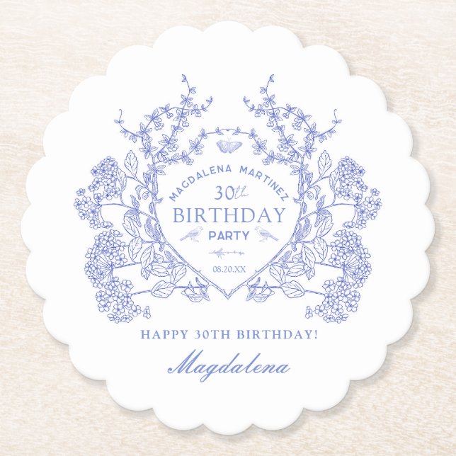 30th Birthday French Blue Floral Crest Custom Paper Coaster (Front)