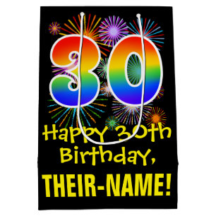 30th Birthday: Fun Fireworks Pattern + Rainbow 30 Medium Gift Bag