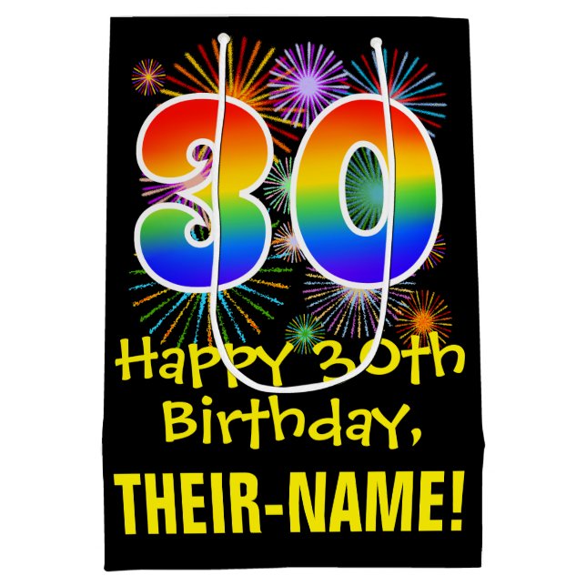 30th Birthday: Fun Fireworks Pattern + Rainbow 30 Medium Gift Bag (Back)