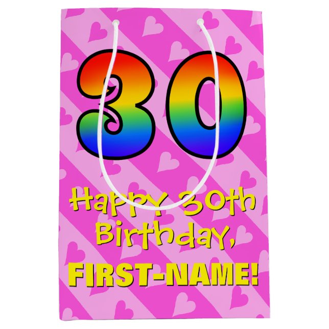 30th Birthday: Fun Pink Hearts Stripes; Rainbow 30 Medium Gift Bag (Front)