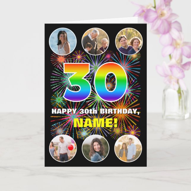 30th Birthday: Fun Rainbow #, Custom Name & Photos Card (Orchid)
