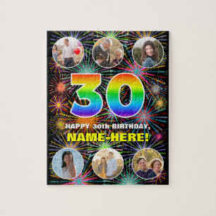 30th Birthday: Fun Rainbow #, Custom Name + Photos Jigsaw Puzzle