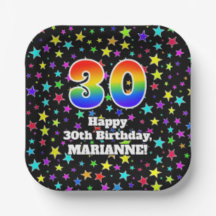 30th Birthday: Fun Stars Pattern and Rainbow “30” Paper Plate