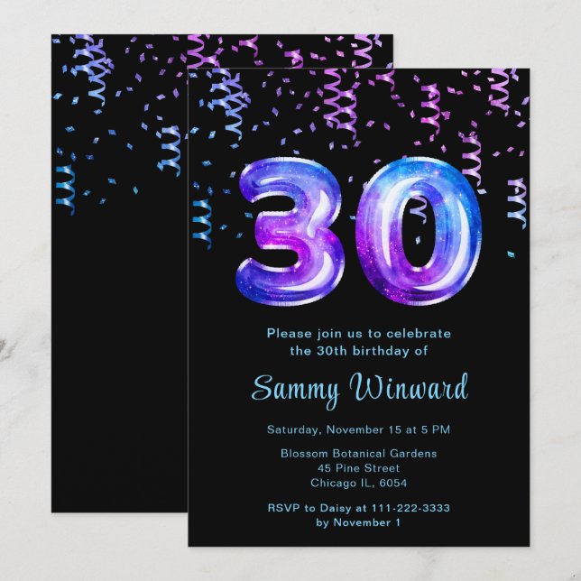 30th Birthday Galaxy Balloons with Confetti Invitation (Front/Back)