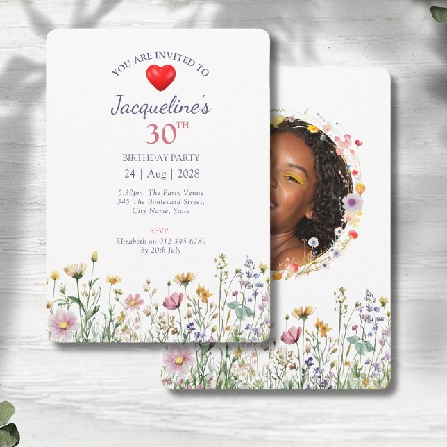 30th Birthday Garden Floral Wild Meadow Photo Invitation (Floral 30th birthday party invitations on a grey wood background)