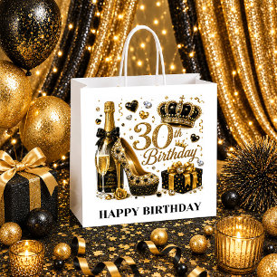 30th Birthday Gift Bag Black Gold Birthday Queen