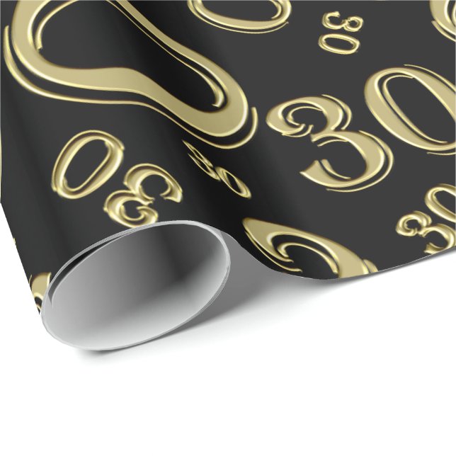 30th Birthday Gold and Black Number Pattern (L) Wrapping Paper (Roll Corner)