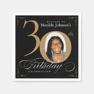 30th Birthday Gold Black Calligraphy Custom Photo Napkin