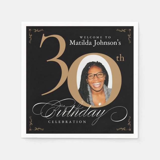 30th Birthday Gold Black Calligraphy Custom Photo Napkin (Front)