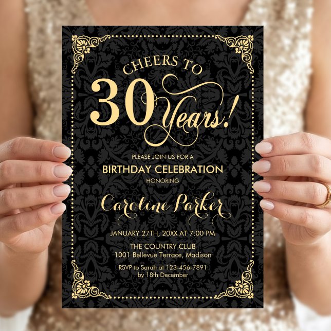 30th Birthday - Gold Black Damask Invitation (Creator Uploaded)