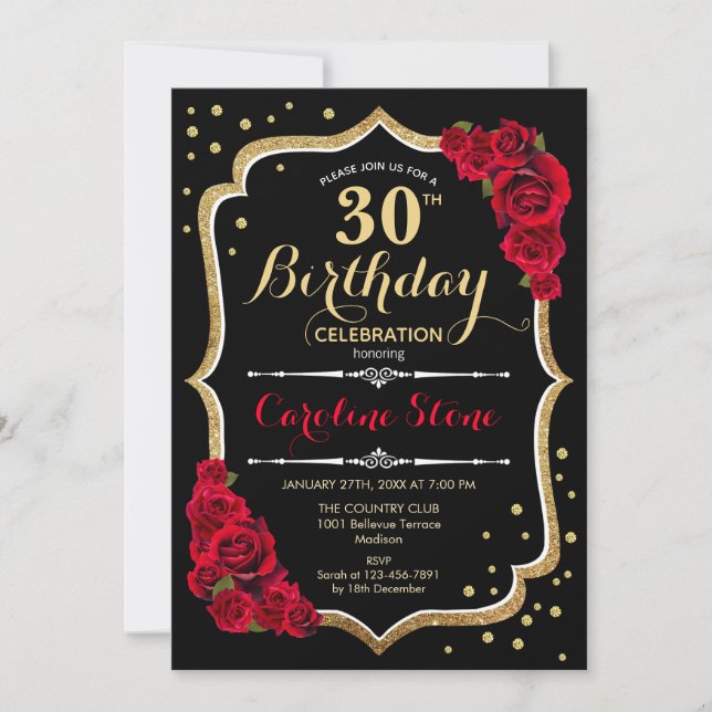 30th Birthday - Gold Black Red Roses Invitation (Front)