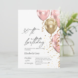 30th Birthday Gold Blush Pink Balloons Modern Invitation