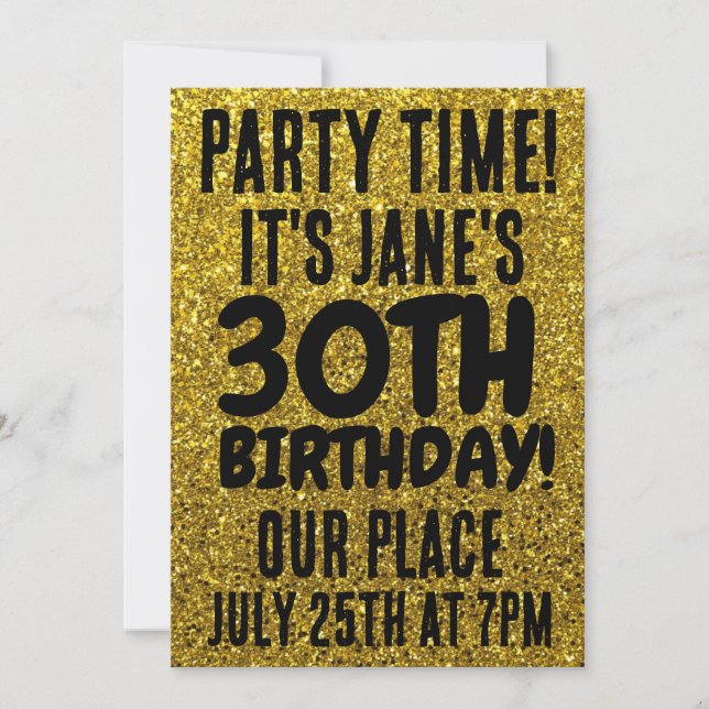 30TH BIRTHDAY GOLD GLITTER CUSTOM INVITATIONS (Front)