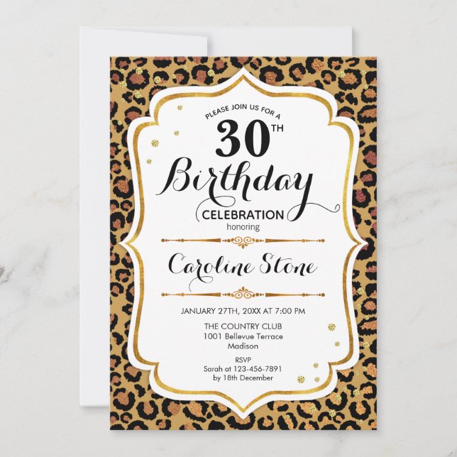 30th Birthday - Gold Leopard Print Invitation (Front)